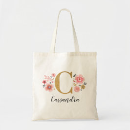 トレンディー金ゴールドモノグラムイニシャル文字「C」フローラ トートバッグ
