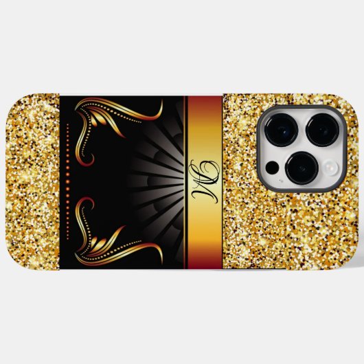 トレンディー金ゴールドモノグラムI電話14 Pro Maxケース Case-Mate iPhoneケース (裏面 (横))