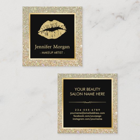トレンディー金ゴールドリップグリッタースパークルスメイクアップアーティスト スクエア名刺 (正面/裏面)
