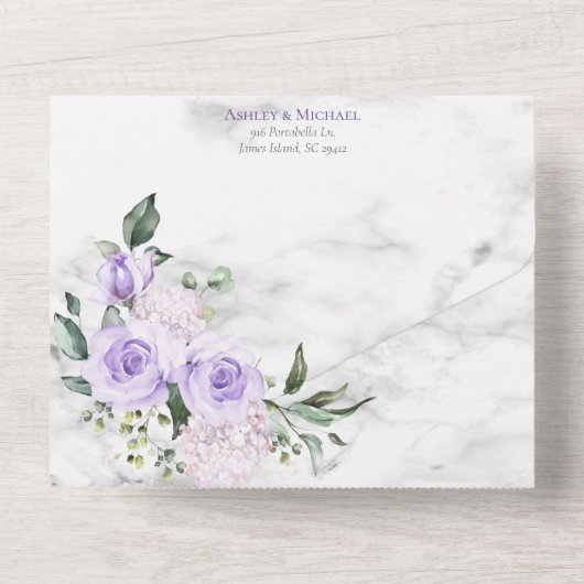 トレンディー金ゴールド幾何学的薄紫フローラ大理石春 オールインワン招待状 (裏面)