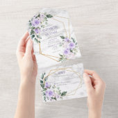 トレンディー金ゴールド幾何学的薄紫フローラ大理石春A オールインワン招待状 (貼ってはがせる)