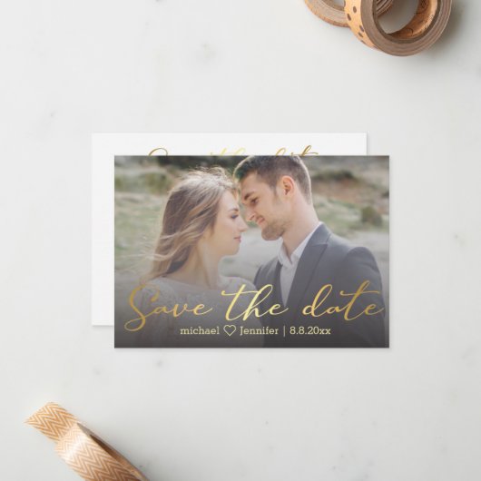 トレンディー金ゴールド手書き書き保存の日付のフォトカード ノートカード (正面/裏面インサイチュ)