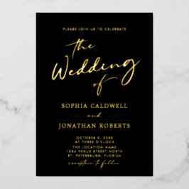 トレンディー金ゴールド書オンブラック結婚ズ 箔招待状