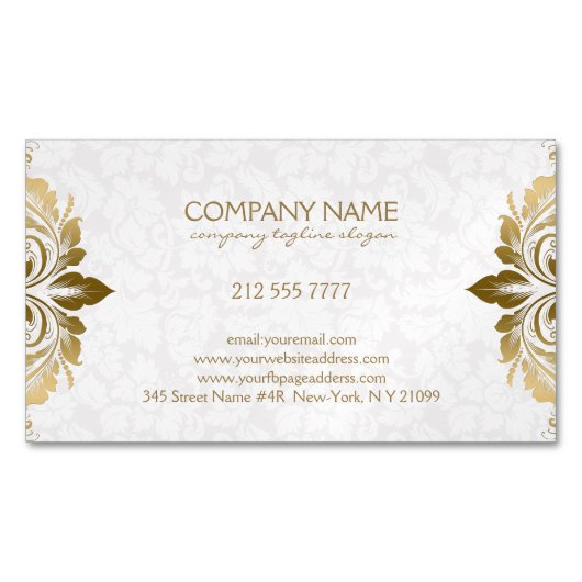 トレンディー金ゴールド渦巻形のレースオンプラッシュホワイトダマスク マグネット名刺 (正面)