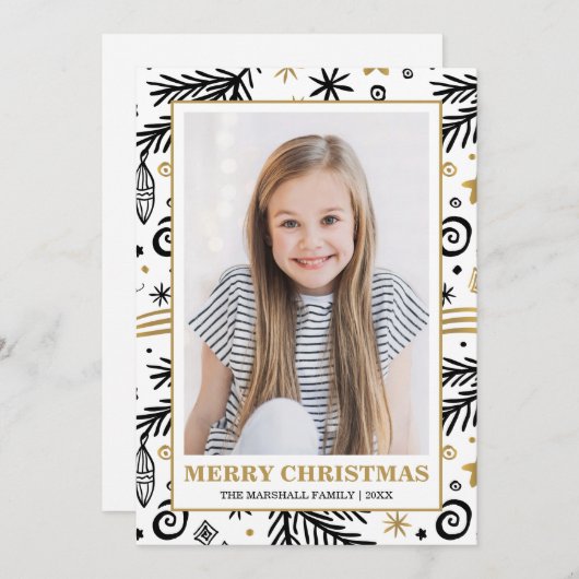 トレンディー金ゴールド白黒パインズクリスマスフォト 招待状 (正面/裏面)