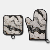 トレンディー金ゴールド白黒マーブル 鍋つかみ&鍋敷きセット (正面)