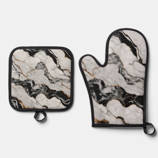 トレンディー金ゴールド白黒マーブル 鍋つかみ&鍋敷きセット (正面)