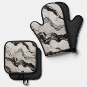 トレンディー金ゴールド白黒マーブル 鍋つかみ&鍋敷きセット (正面/裏面)