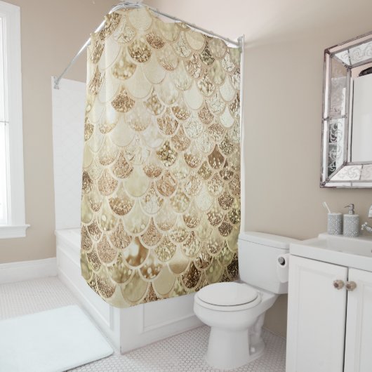 トレンディー金ゴールド赤面グラデーショングリッターマーメイドフィッシュスケール シャワーカーテン (インサイチュ)