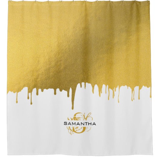 トレンディー金ゴールド金属滴下モノグラム シャワーカーテン (正面)