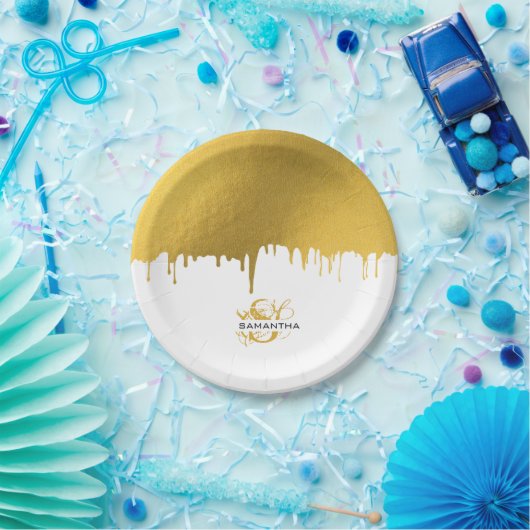 トレンディー金ゴールド金属滴下モノグラム ペーパープレート (パーティー)