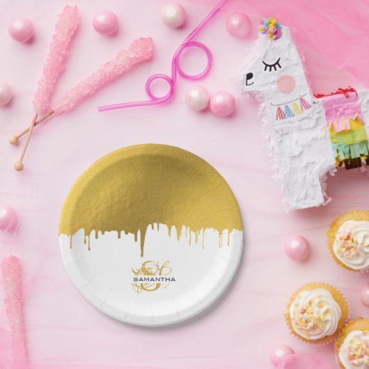 トレンディー金ゴールド金属滴下モノグラム ペーパープレート (パーティー)