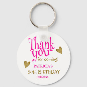 トレンディー金ゴールド50th誕生日ピンクありがとうお願い キーホルダー