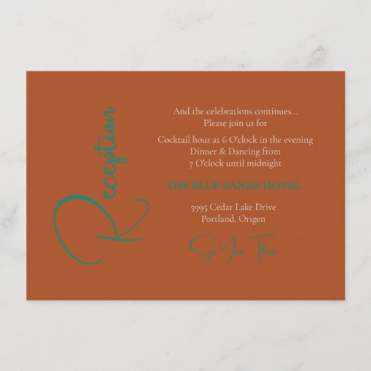 トレンディー銅箔&ティール(緑がかった色)文字ウェディングレセプション エンクロージャーカード (正面)