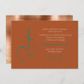 トレンディー銅箔&ティール(緑がかった色)文字ウェディングレセプション エンクロージャーカード (正面/裏面)