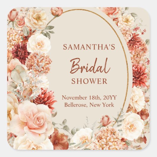 トレンディー銅紫陽花とバラ秋ステッカー スクエアシール (正面)