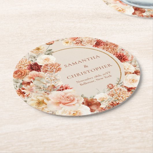 トレンディー銅赤面とブルゴーニュ花セージ ラウンドペーパーコースター (アングル)