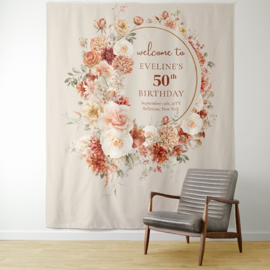 トレンディー銅赤面ブルゴーニュ花50誕生日 タペストリー (インサイチュ)