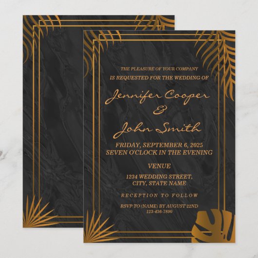 トレンディー離れ金ゴールドとジオメトリックフレ結婚ーム 招待状 (正面/裏面)