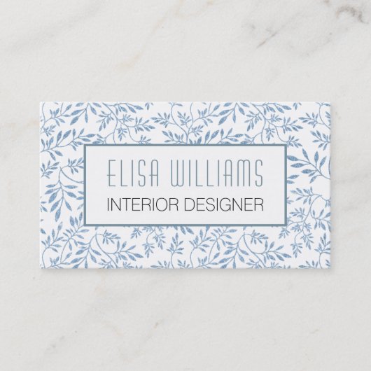 トレンディー青グリッター葉花柄 名刺 (正面)