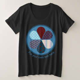 トレンディー青パッチワークパターン（の模様が）ある花輪文字 プラスサイズTシャツ