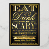 トレンディー食べタイポグラフィ、ドリンク&Be怖いハロウィーン 箔招待状 (正面)