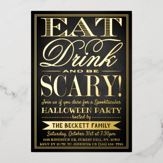 トレンディー食べタイポグラフィ、ドリンク&Be怖いハロウィーン 箔招待状 (正面)