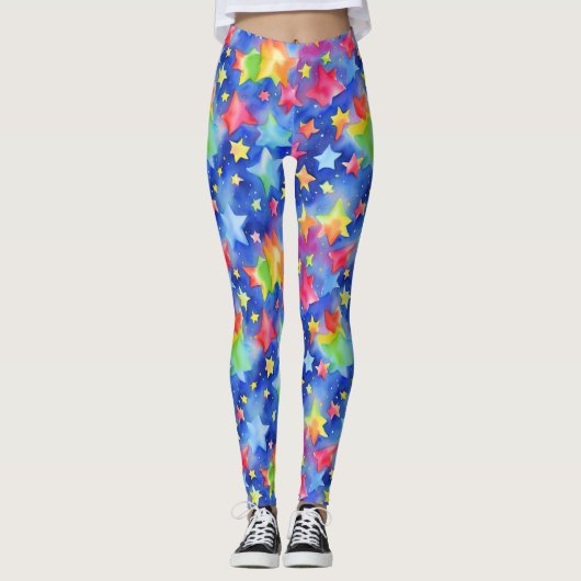 トレンディー魔法カラフルレインボースターズパターン レギンス (正面)