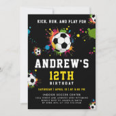 トレンディー黄カラフルサッカーボールキッドパーティー 招待状 (正面)