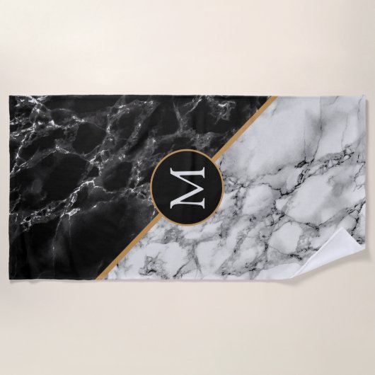 トレンディー黒と白の大理石ストーン – レターの追加 ビーチタオル (正面)