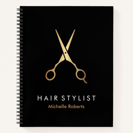 トレンディー黒パーソナライズされた金ゴールドヘアスタイリスト ノートブック (正面)