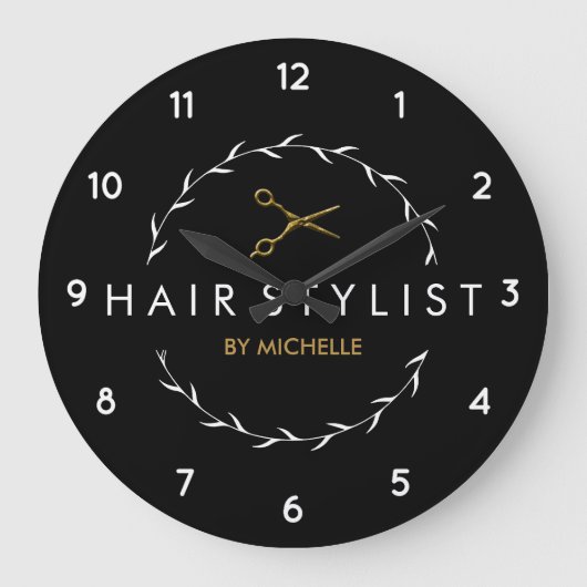 トレンディー黒パーソナライズされた金ゴールドヘアスタイリスト ラージ壁時計 (正面)