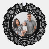 トレンディー黒白の雪片メリークリスマス オーナメントカード (正面)
