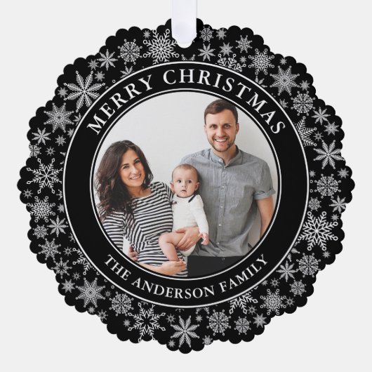 トレンディー黒白の雪片メリークリスマス オーナメントカード (正面)