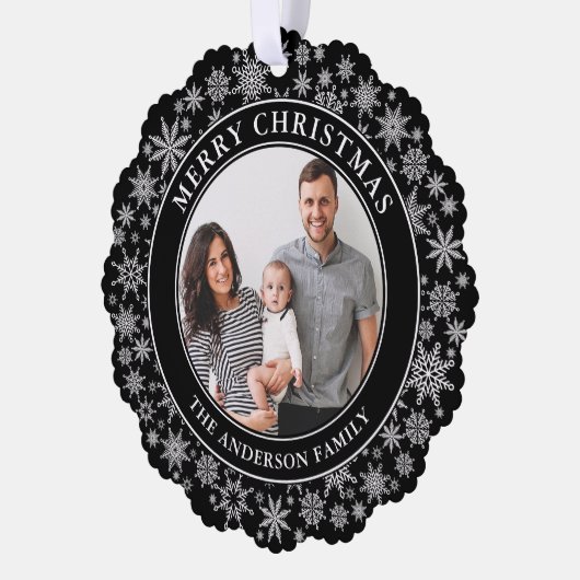 トレンディー黒白の雪片メリークリスマス オーナメントカード (左)