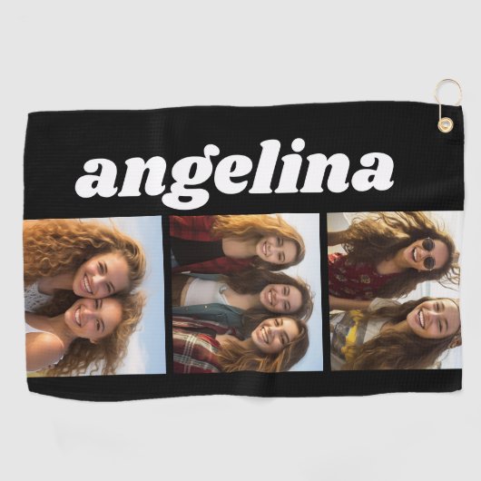 トレンディー3枚の写真とChunky Name – 黒 ゴルフタオル (横)