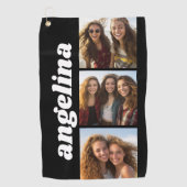 トレンディー3枚の写真とChunky Name – 黒 ゴルフタオル (正面)