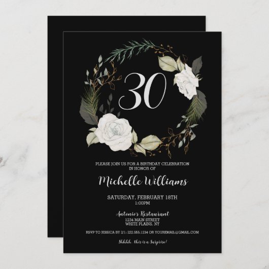 トレンディー30th誕生日パーティーフローラリース金ゴールド 招待状 (正面/裏面)