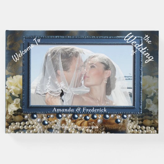 トレンディー3-Dブルーデニムプリントと衣装ジュエリー ゲストブック (正面)