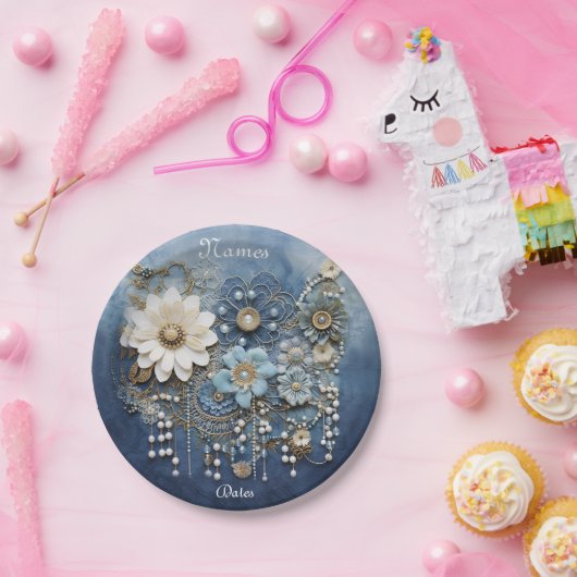 トレンディー3-Dブルーデニムプリントと衣装ジュエリー ペーパープレート (パーティー)