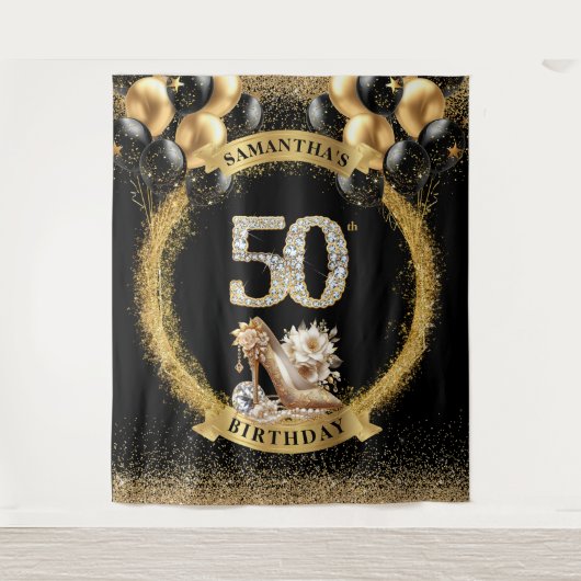 トレンディー50番目の誕生日ダイアモンド数ハイヒール タペストリー (正面)