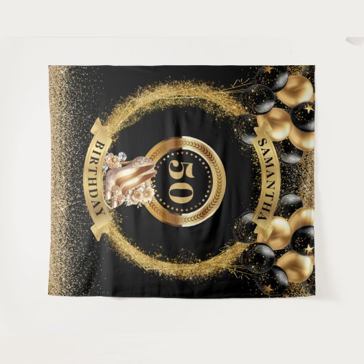 トレンディー50誕生日タペストリーバルーン金ゴールドヒール タペストリー (正面(横))