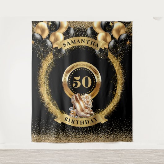 トレンディー50誕生日タペストリーバルーン金ゴールドヒール タペストリー (正面)