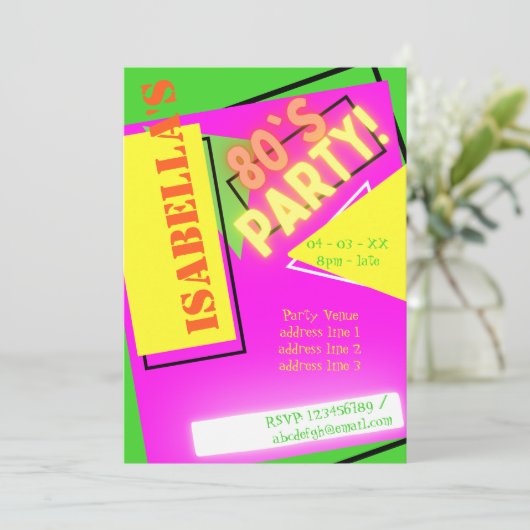トレンディー80Sフルオロネオンカラフルレトロおもしろい誕生日 招待状 (スタンド正面)