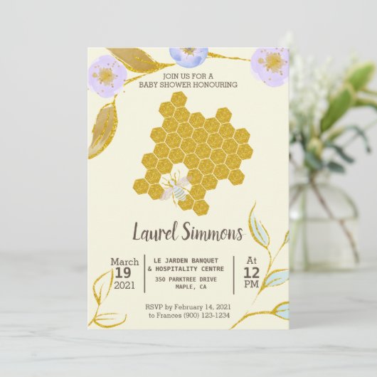 トレンディー&かわいい水色金ゴールドビーハイブベビーシャワー 招待状 (スタンド正面)