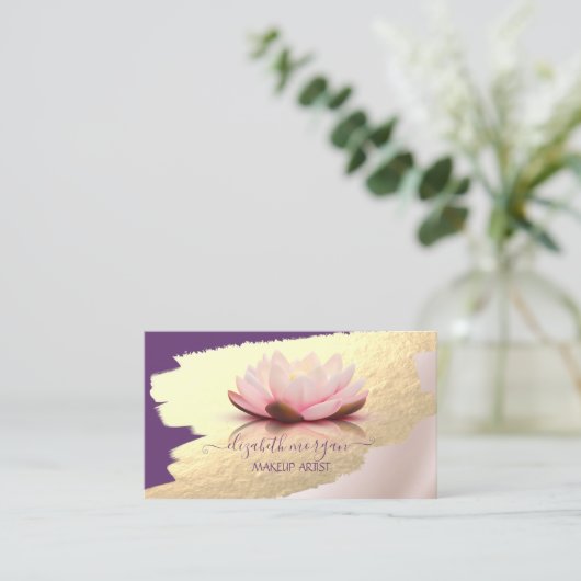 トレンディー,エレガント，金フェイク箔ブラシストローク，ロータス 名刺 (スタンド正面)