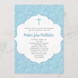 トレンディー·ボーイ·バプテスマ·インビテーション·ブルー·ダマスク 招待状