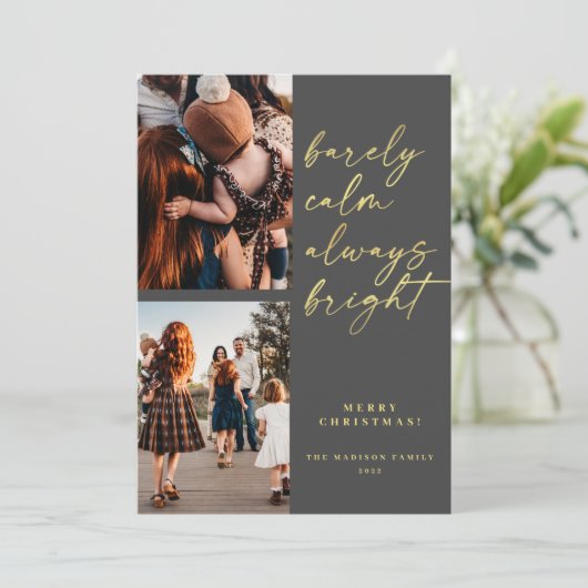 トレンディーAlways Bright金ゴールドスクリプトフォトクリスマス シーズンカード (スタンド正面)