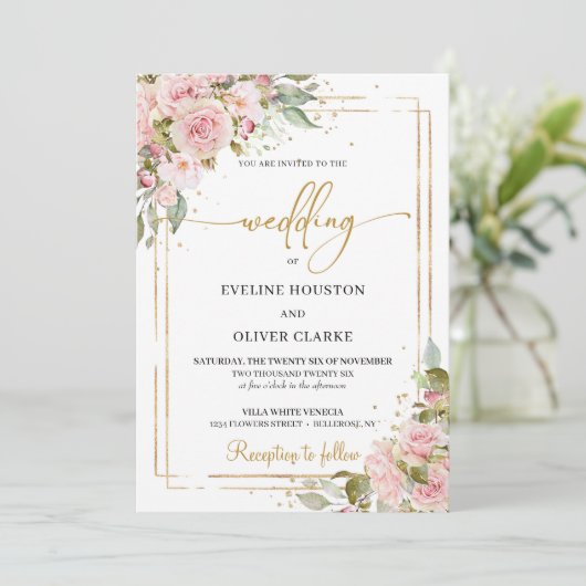 トレンディーBohoほこりっぽいピンクローズ金ゴールド幾何学模様 招待状 (スタンド正面)