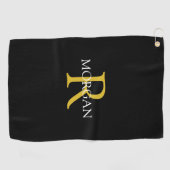 トレンディーDIYモノグラム&名前、金ゴールド/ホワイト文字、ブラック ゴルフタオル (横)